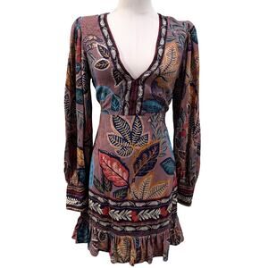 Farm Rio Wild Night Lavender Floral Print Long Sleeve Mini Dress Small Tropical